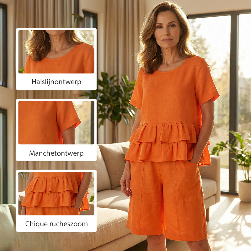 💖🌸 Zweiteiliges Freizeit-Lounge-Set für Damen – lockerer Schnitt, Rüschensaum, praktische Seitentaschen
