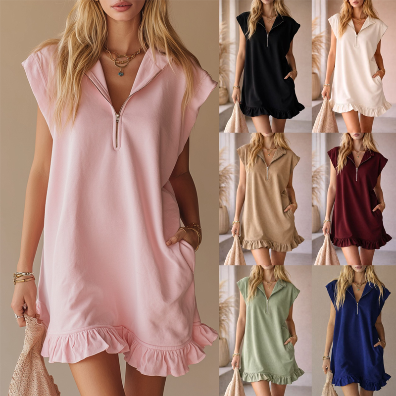 🌸Sonderangebot: 50 % Rabatt🌸Ärmelloses Damenkleid mit halbem Reißverschluss und Rüschen am Saum