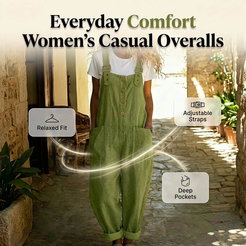 👖JETZT 50 % RABATT! 🌿 Lässige Damen-Latzhose mit Knopfleiste – Verstellbare Träger, atmungsaktives Material & bequeme Passform
