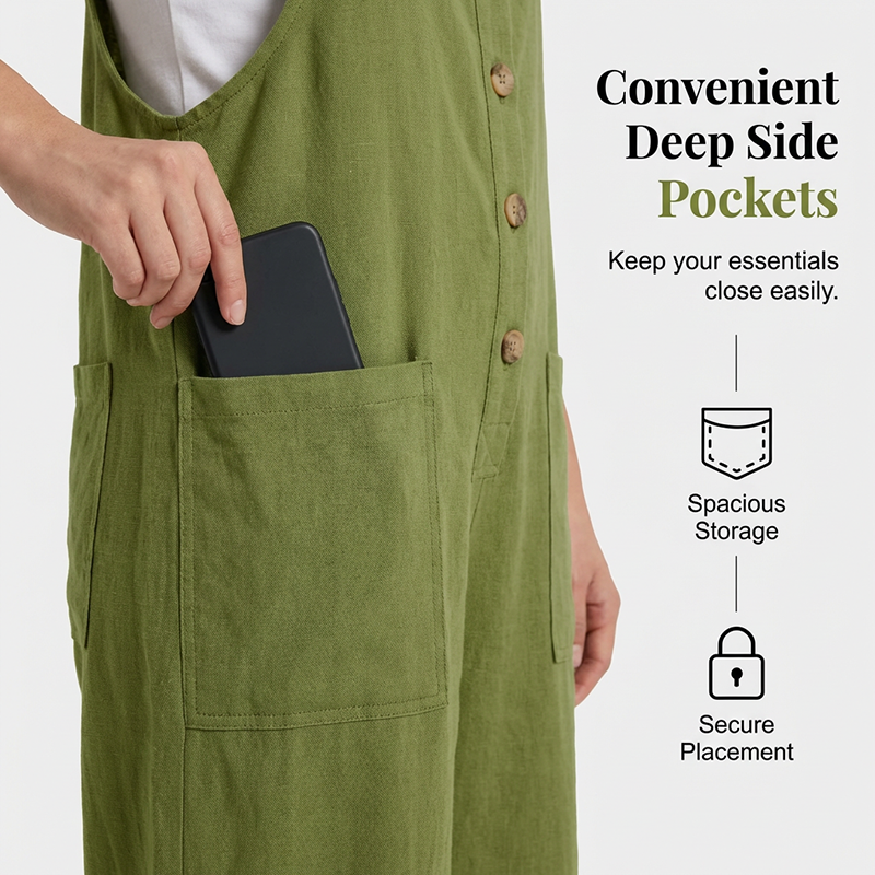 👖JETZT 50 % RABATT! 🌿 Lässige Damen-Latzhose mit Knopfleiste – Verstellbare Träger, atmungsaktives Material & bequeme Passform
