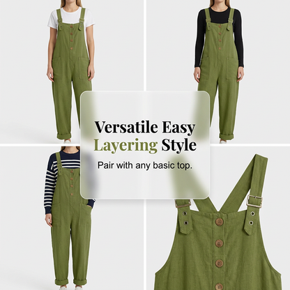 👖JETZT 50 % RABATT! 🌿 Lässige Damen-Latzhose mit Knopfleiste – Verstellbare Träger, atmungsaktives Material & bequeme Passform