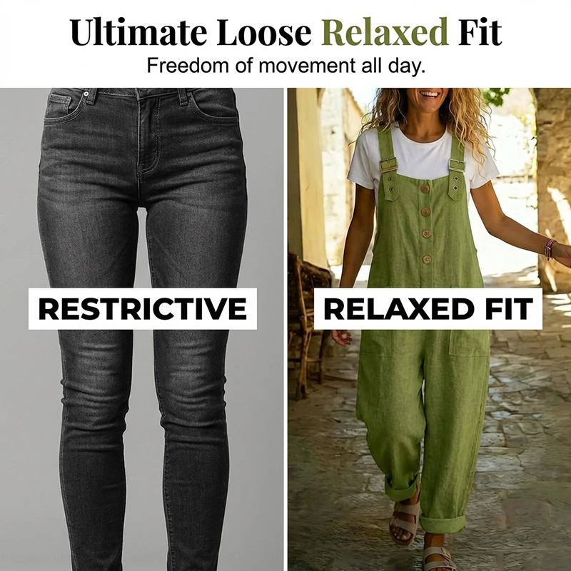 👖JETZT 50 % RABATT! 🌿 Lässige Damen-Latzhose mit Knopfleiste – Verstellbare Träger, atmungsaktives Material & bequeme Passform