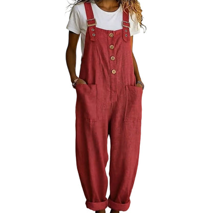 👖JETZT 50 % RABATT! 🌿 Lässige Damen-Latzhose mit Knopfleiste – Verstellbare Träger, atmungsaktives Material & bequeme Passform ✨