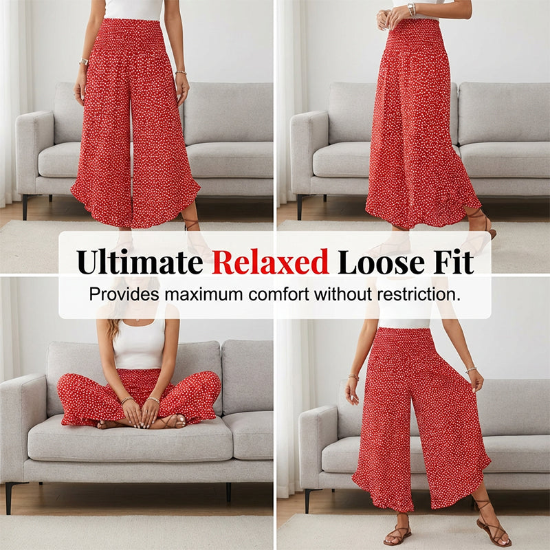 🌸 Weite Damenhose mit hoher Taille – Punkte-Print, Rüschensaum, figurbetonend & luftig leicht. ✨
