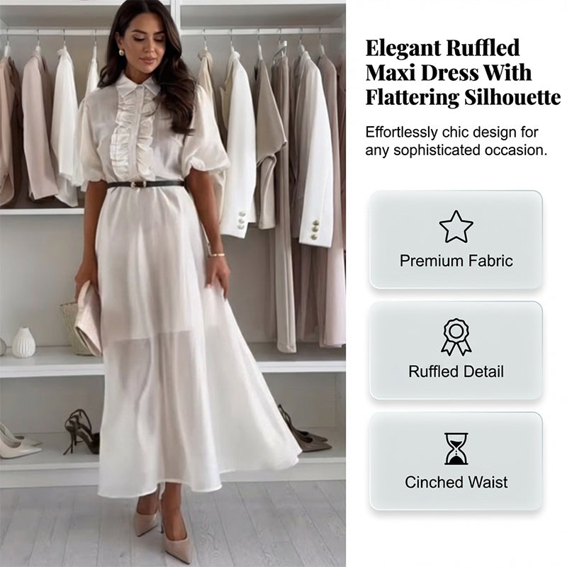 ✨🌸 Maxikleid mit Rüschen, Puffärmeln & Gürtel – transparenter Überzug trifft blickdichtes Futter