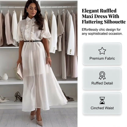 ✨🌸 Maxikleid mit Rüschen, Puffärmeln & Gürtel – transparenter Überzug trifft blickdichtes Futter
