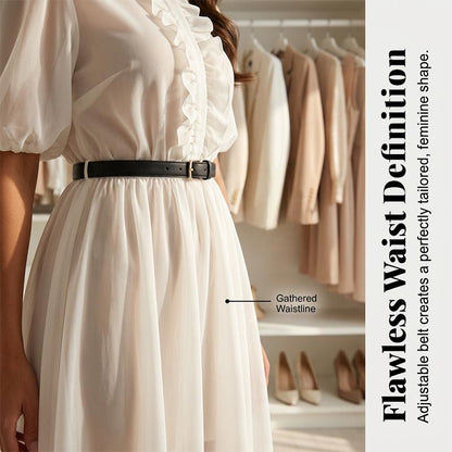 ✨🌸 Maxikleid mit Rüschen, Puffärmeln & Gürtel – transparenter Überzug trifft blickdichtes Futter