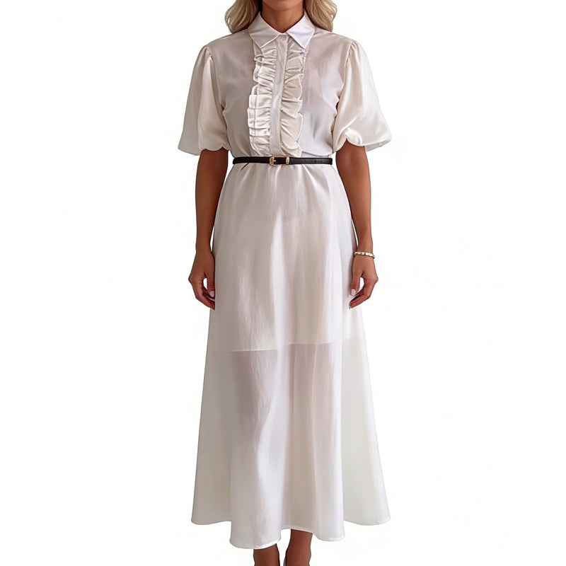 ✨🌸 Maxikleid mit Rüschen, Puffärmeln & Gürtel – transparenter Überzug trifft blickdichtes Futter