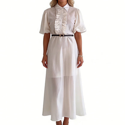 ✨🌸 Maxikleid mit Rüschen, Puffärmeln & Gürtel – transparenter Überzug trifft blickdichtes Futter