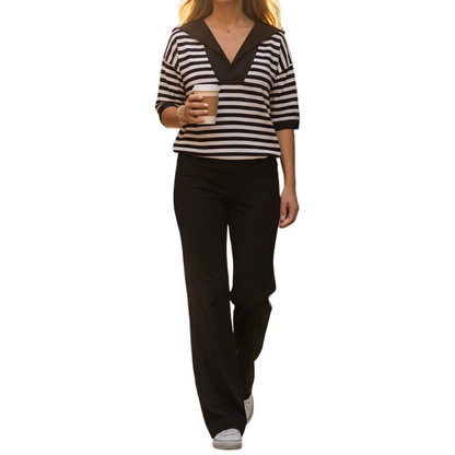 👚 50% RABATT! 🔥 Damen Gestreiftes V-Ausschnitt Oberteil & Hosen-Set – Bequemer Schnitt, Stilvolles Design & Perfekt Für Einen Lässigen Look 💃