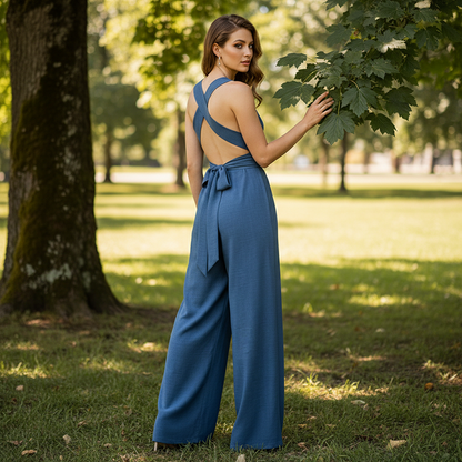 ⏰🎁Jumpsuit mit Neckholder, V-Ausschnitt, rückenfreiem Design und weitem Bein
