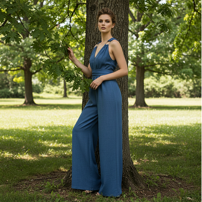 ⏰🎁Jumpsuit mit Neckholder, V-Ausschnitt, rückenfreiem Design und weitem Bein