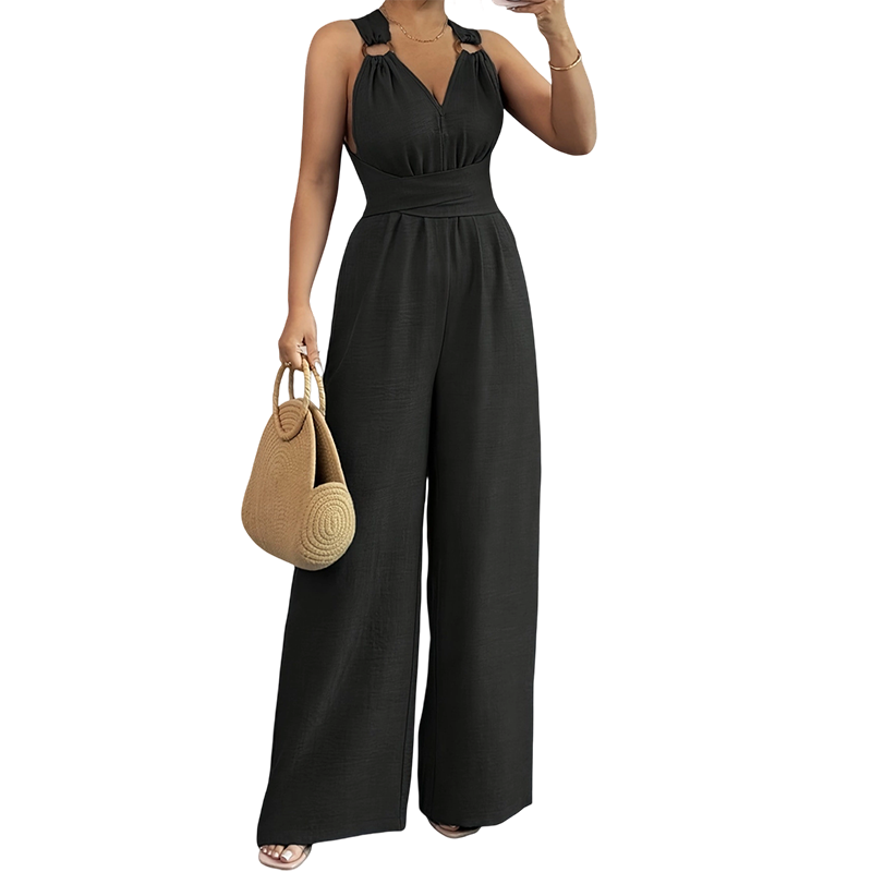 ⏰🎁Jumpsuit mit Neckholder, V-Ausschnitt, rückenfreiem Design und weitem Bein