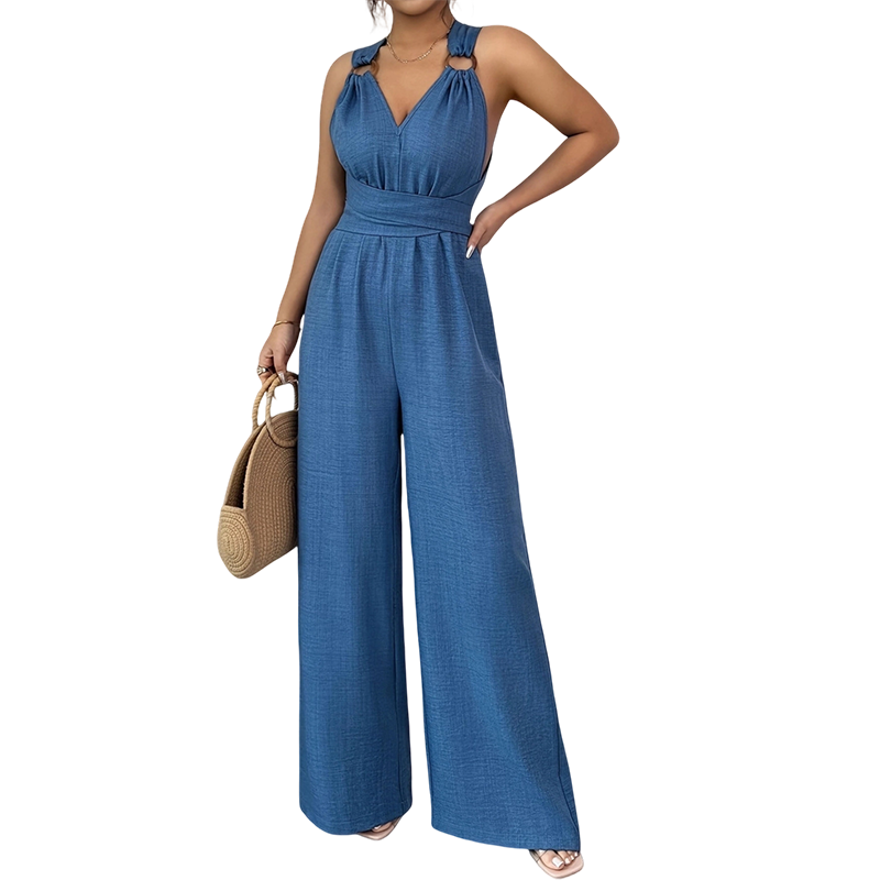 ⏰🎁Jumpsuit mit Neckholder, V-Ausschnitt, rückenfreiem Design und weitem Bein