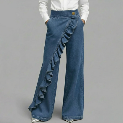 👖 50% RABATT! 🔥Weite Jeanshose mit asymmetrischen Volants—— Premium-Denim – Luxuriöser Look, Bequemer Stretch & Perfekt Für Einen Stilvollen Auftritt 💙