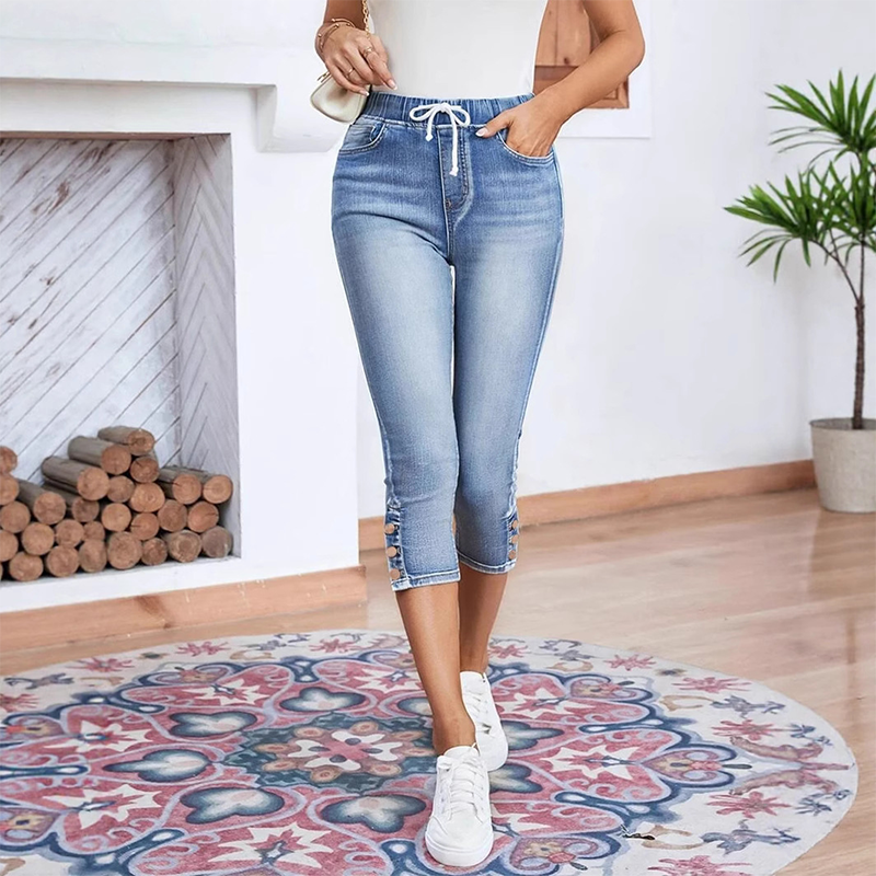 Stretch-Capri-Jeans für Damen mit Kordelzug in der Taille