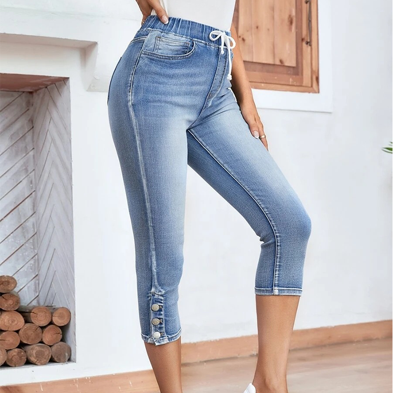 Stretch-Capri-Jeans für Damen mit Kordelzug in der Taille