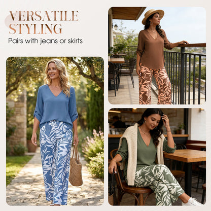 Set aus Damenbluse mit V-Ausschnitt und bedruckter Hose mit weitem Bein