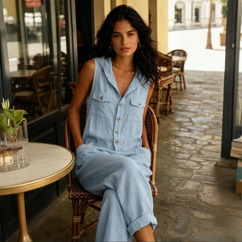 👖Lässiger, ärmelloser Jumpsuit mit Kapuze für Damen