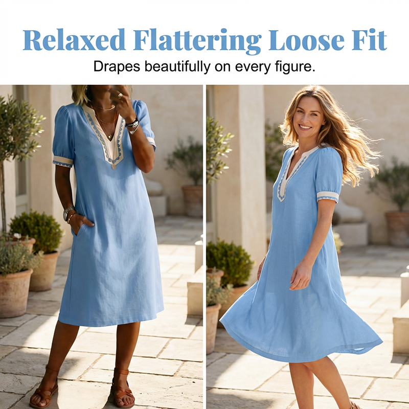 Kurzärmeliges Kleid mit V-Ausschnitt für Damen