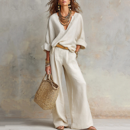 👗 50% RABATT! 🔥 2-teiliges Set aus Damen-Top mit V-Ausschnitt & Hose mit weitem Bein – Leicht & fließend – Perfekt für Sommer, Strand oder elegante Freizeitlooks – bequem & stilvoll zugleich 🌸