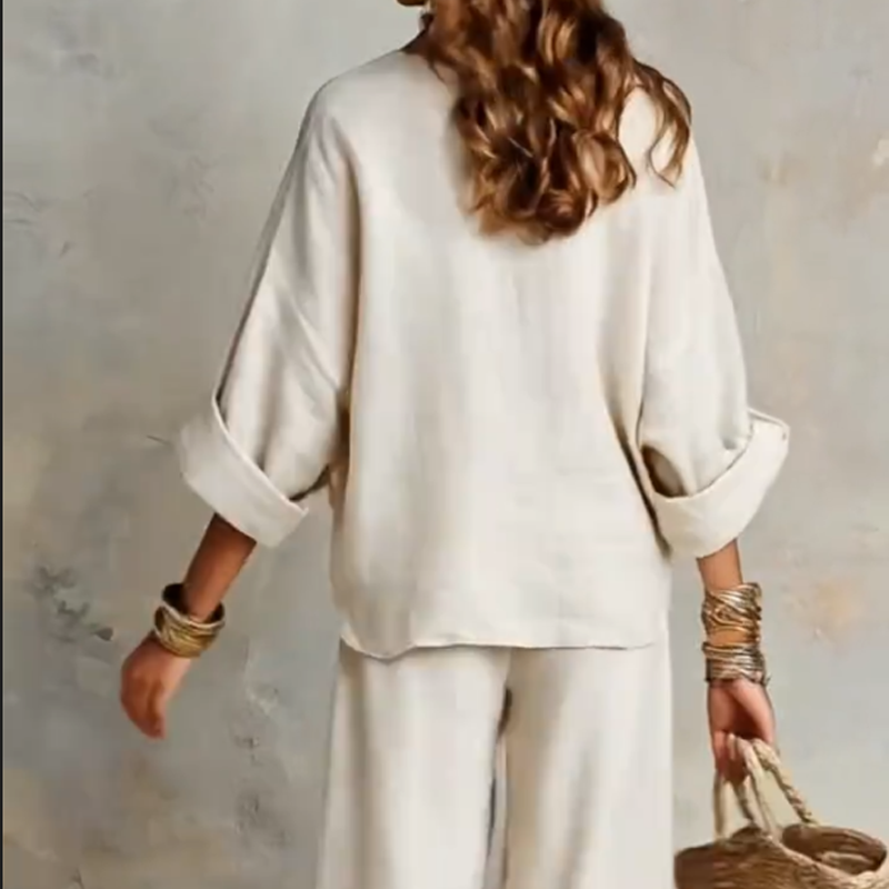 👗 50% RABATT! 🔥 2-teiliges Set aus Damen-Top mit V-Ausschnitt & Hose mit weitem Bein – Leicht & fließend – Perfekt für Sommer, Strand oder elegante Freizeitlooks – bequem & stilvoll zugleich 🌸