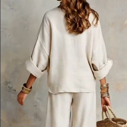 2-teiliges Set aus Damen-Top mit V-Ausschnitt und Hose mit weitem Bein