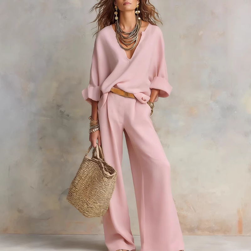 👗 50% RABATT! 🔥 2-teiliges Set aus Damen-Top mit V-Ausschnitt & Hose mit weitem Bein – Leicht & fließend – Perfekt für Sommer, Strand oder elegante Freizeitlooks – bequem & stilvoll zugleich 🌸