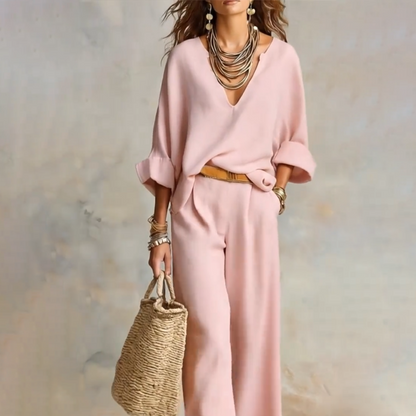 👗 50% RABATT! 🔥 2-teiliges Set aus Damen-Top mit V-Ausschnitt & Hose mit weitem Bein – Leicht & fließend – Perfekt für Sommer, Strand oder elegante Freizeitlooks – bequem & stilvoll zugleich 🌸