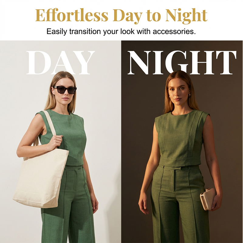 Set aus schickem, ärmellosem Crop-Top und Hose mit hoher Taille