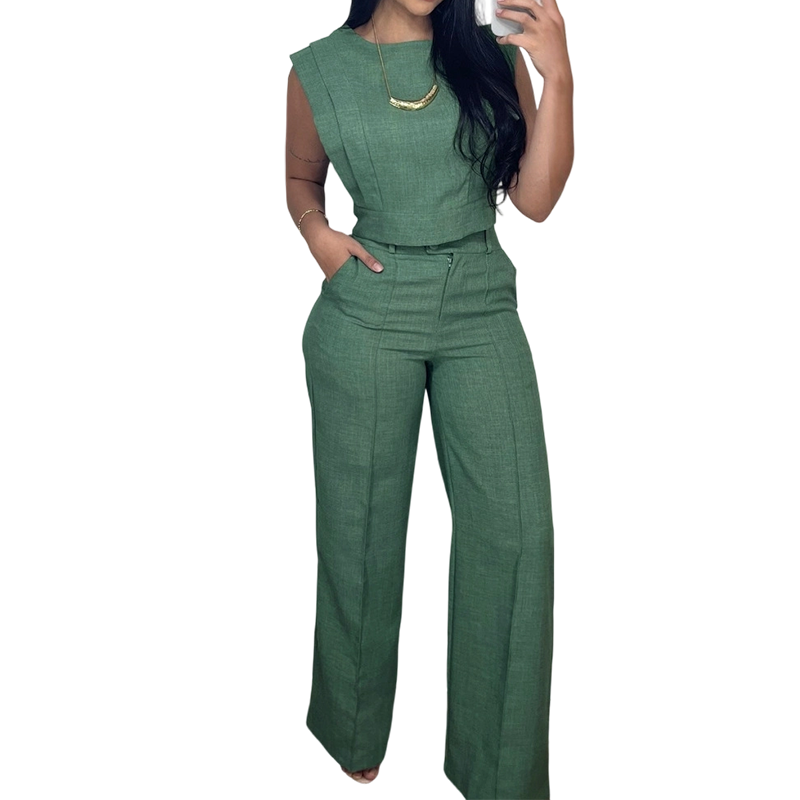 Set aus schickem, ärmellosem Crop-Top und Hose mit hoher Taille
