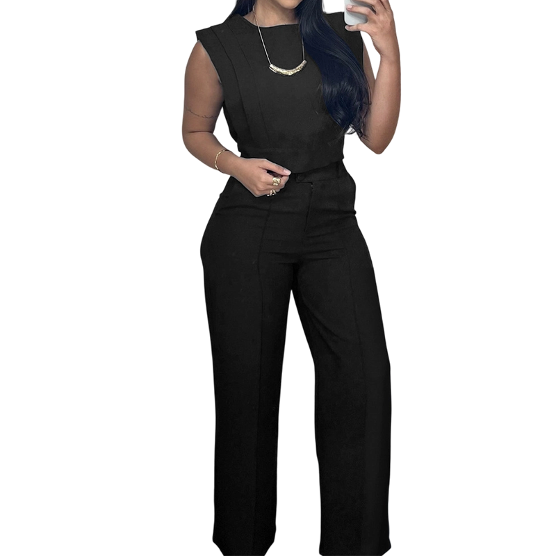 Set aus schickem, ärmellosem Crop-Top und Hose mit hoher Taille