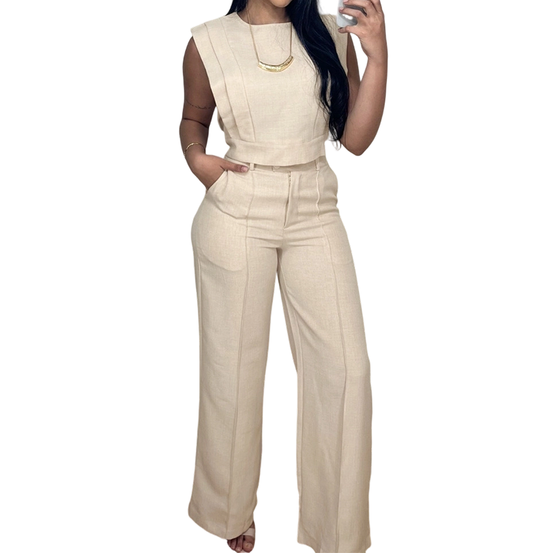 Set aus schickem, ärmellosem Crop-Top und Hose mit hoher Taille