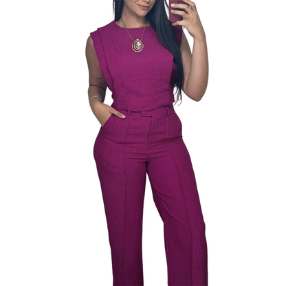 Set aus schickem, ärmellosem Crop-Top und Hose mit hoher Taille