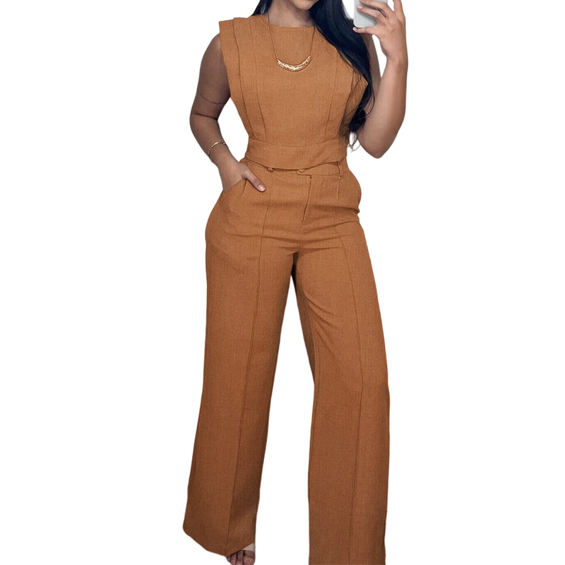 Set aus schickem, ärmellosem Crop-Top und Hose mit hoher Taille