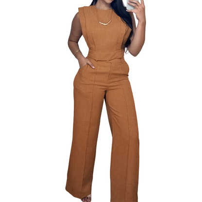 Set aus schickem, ärmellosem Crop-Top und Hose mit hoher Taille