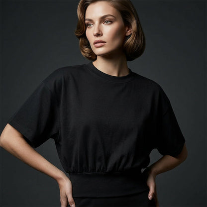 👚 50% RABATT! 🌸 Damen Rundhals-Top mit Geraffter Taille – Figurbetont, Mjukt Tyg & Perfekt Für Eine Feminine, Lässige Silhouette ✨
