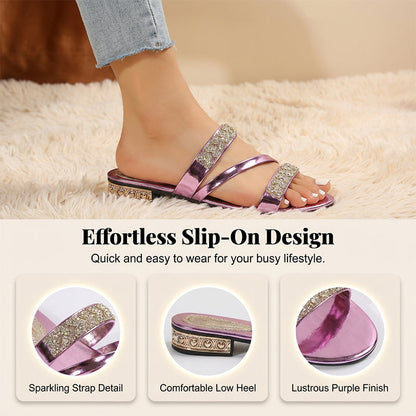 Slip-On-Sandalen mit Strasssteinen und niedrigem Absatz
