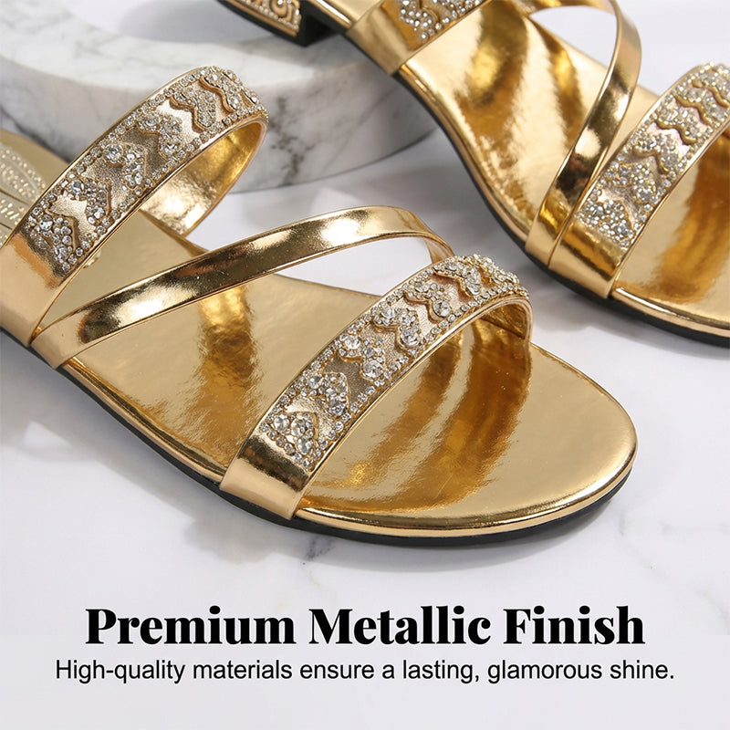 Slip-On-Sandalen mit Strasssteinen und niedrigem Absatz