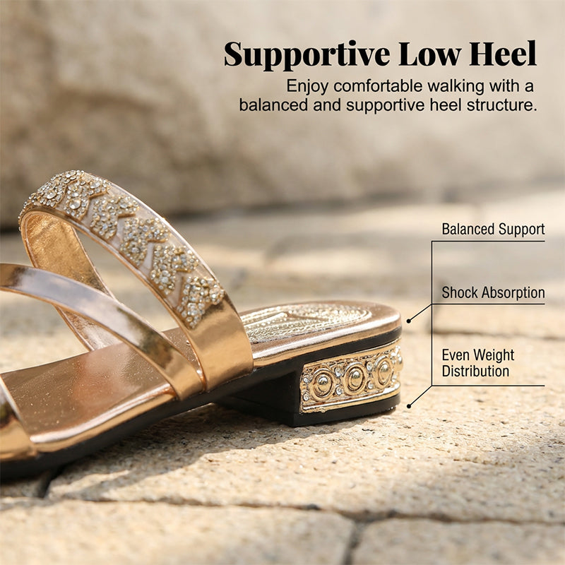 Slip-On-Sandalen mit Strasssteinen und niedrigem Absatz