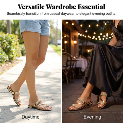 Slip-On-Sandalen mit Strasssteinen und niedrigem Absatz