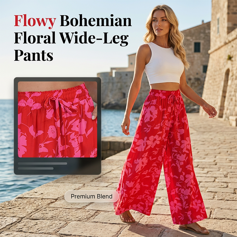 Weite Hose mit hoher Taille und floralen Boho-Mustern
