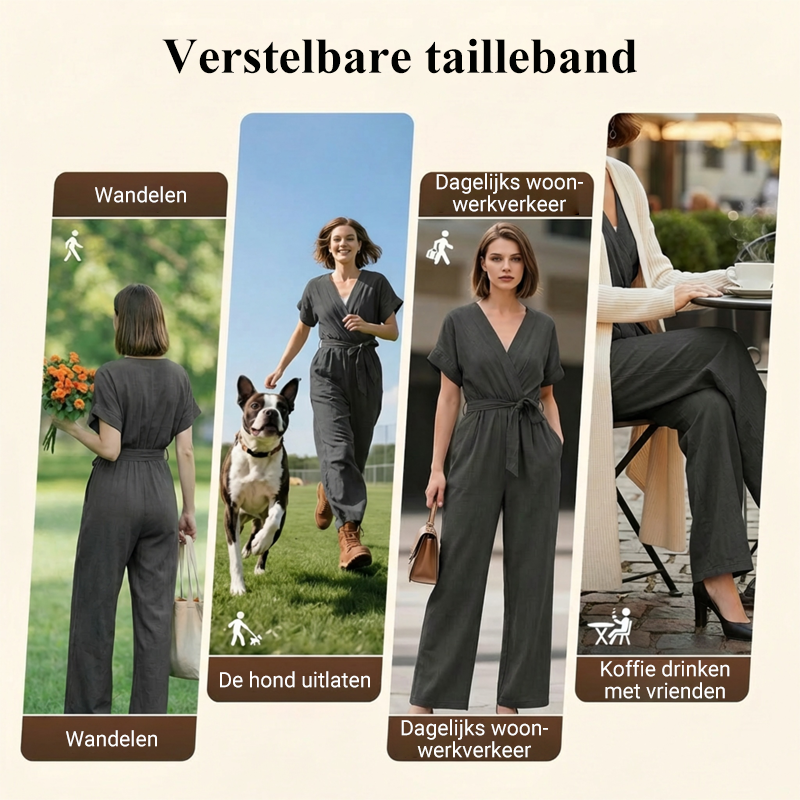 Lässiger Jumpsuit für Damen mit V-Ausschnitt, Bindegürtel und weitem Bein
