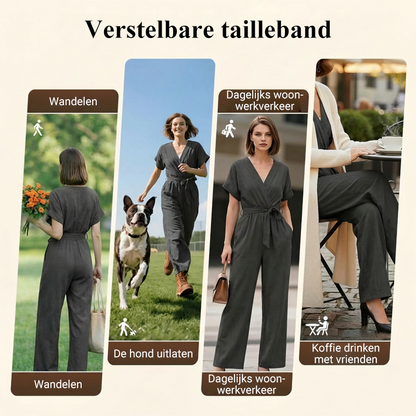 Lässiger Jumpsuit für Damen mit V-Ausschnitt, Bindegürtel und weitem Bein