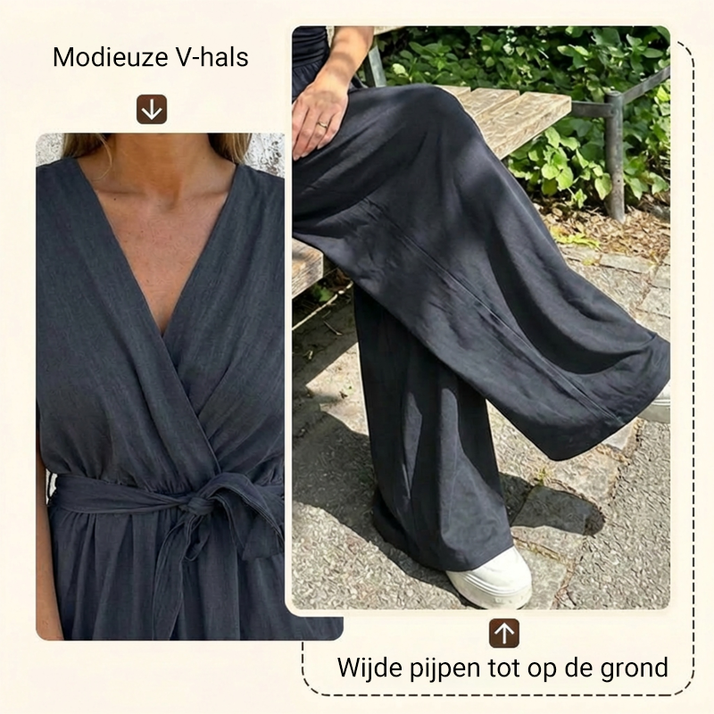 Lässiger Jumpsuit für Damen mit V-Ausschnitt, Bindegürtel und weitem Bein