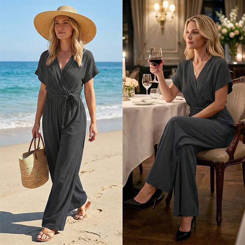Lässiger Jumpsuit für Damen mit V-Ausschnitt, Bindegürtel und weitem Bein