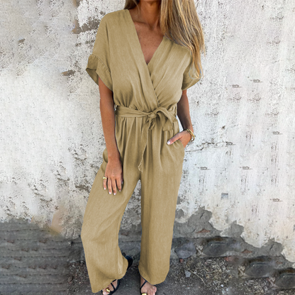 Lässiger Jumpsuit für Damen mit V-Ausschnitt, Bindegürtel und weitem Bein
