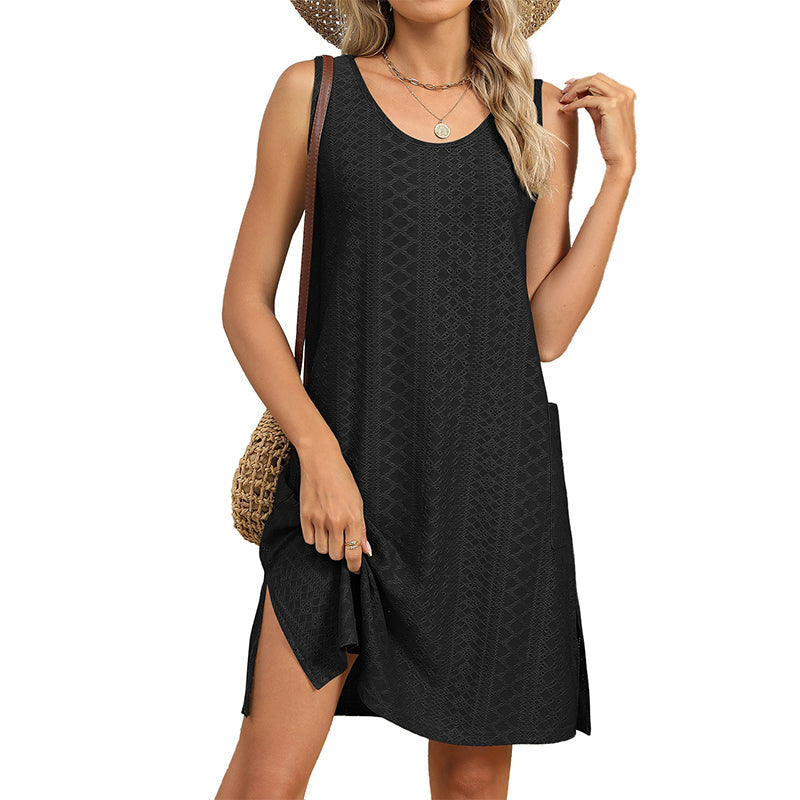 Ärmelloses Freizeitkleid für Damen mit Rundhalsausschnitt und Taschen