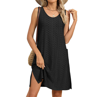Ärmelloses Freizeitkleid für Damen mit Rundhalsausschnitt und Taschen