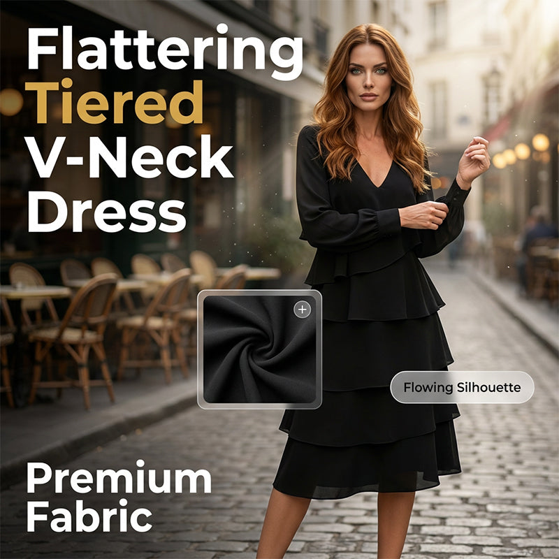 Elegantes, gestuftes Langarmkleid mit V-Ausschnitt